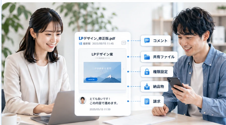 企業とフリーランスや個人パートナーが同じ案件ファイルで共同作業するイメージ